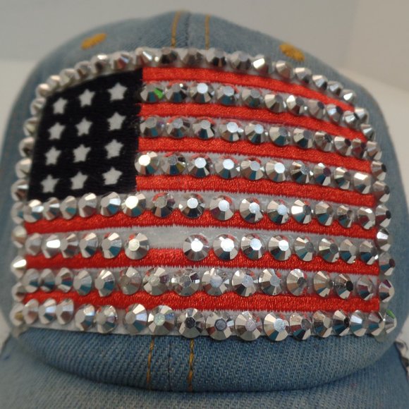 Studio Select Adjustable Sizeing Sparkling Denim Baseball Cap W American Flag - Picture 4 of 9